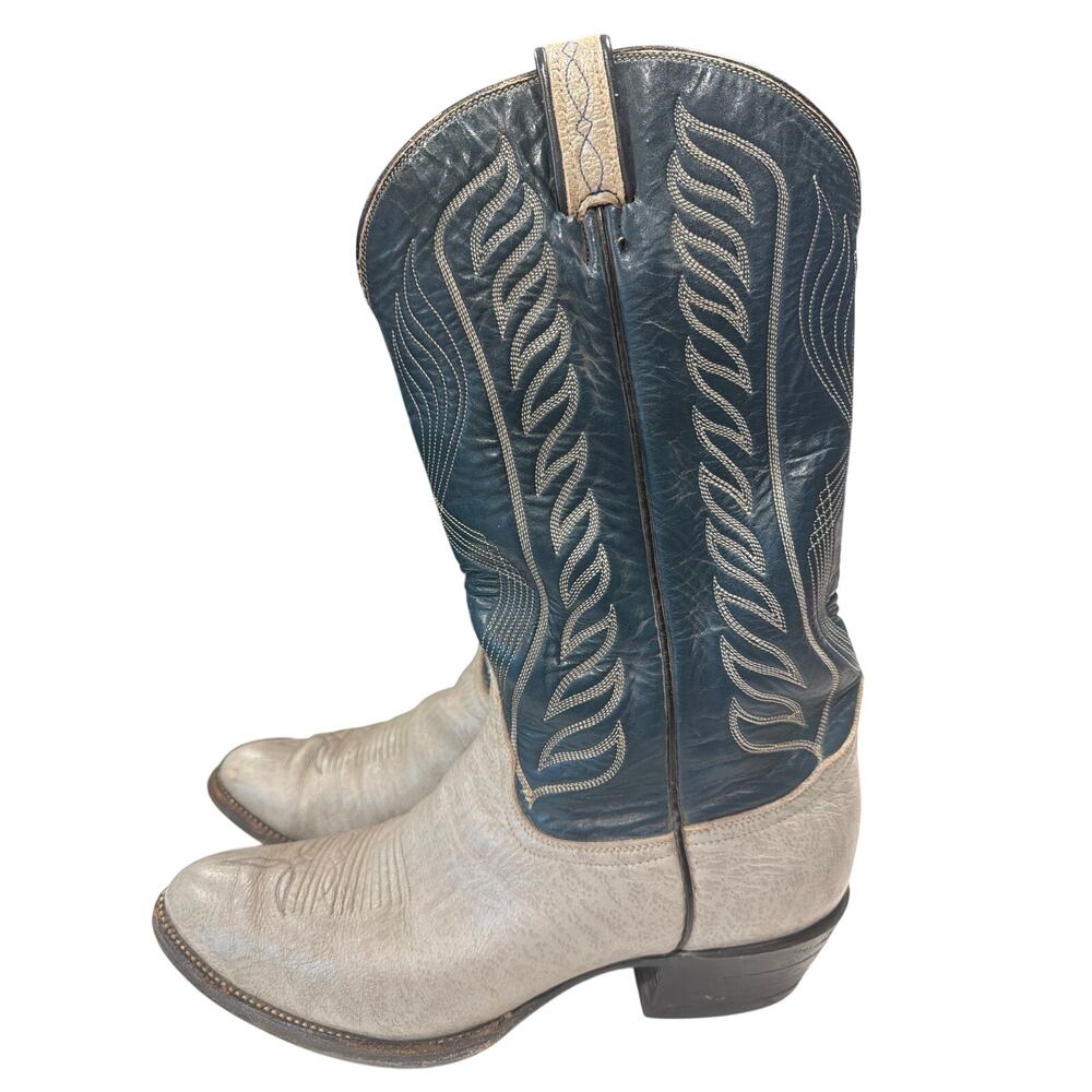 Tony Lama Mens VTG Sz 10 D gray blue Antelope leather cowboy embroidered Western